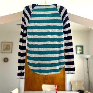 Cute Splendid Green, Sparkly Silver & Navy Blue Striped Long Sleeve Shirt~Sm~